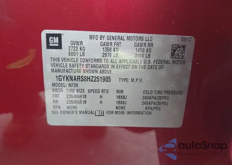 2017 Cadillac Xt5 Standard z USA, uszkodzony, nr VIN 1GYKNARS8HZ251905